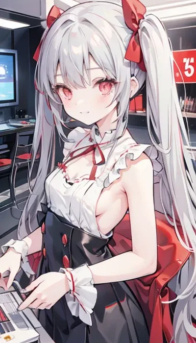 One girl, Red eyes, Twin tails, Grin, Small breasts, Gray Hair, Red ribbon, Parker Game Room