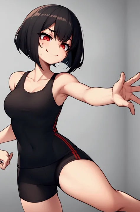 Girl, black hair, bob, red eyes, marathon runner, very sweating, black tank top with red lines, black shorts with red lines, marathon shoes , white race bib, close eyes, smile, mouth open, rising both hands, running, goal in