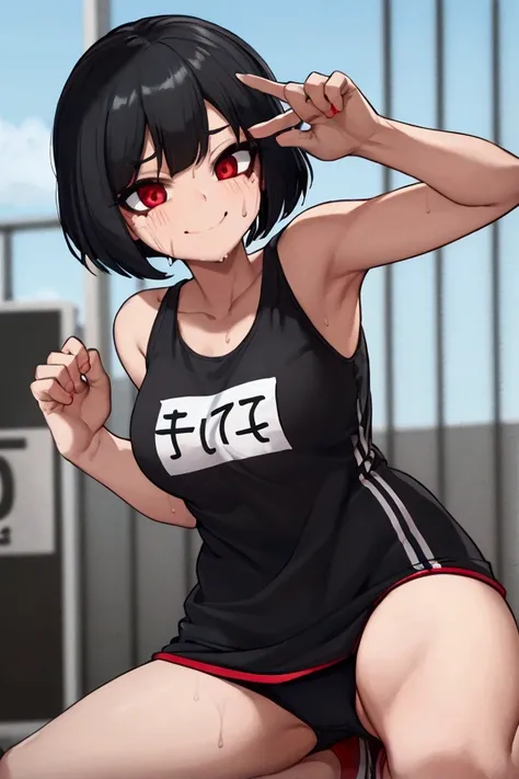 Girl, black hair, bob, red eyes, marathon runner, very sweating, black tank top with red lines, black shorts with red lines, marathon shoes , white race bib, close eyes, smile, mouth open, rising both hands, running, goal in