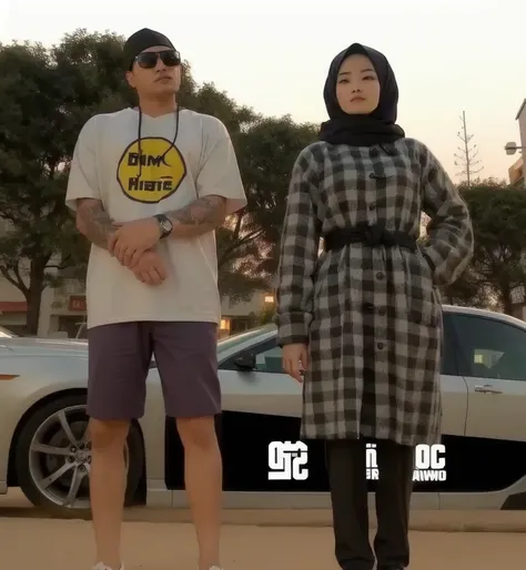 arafed image of a man and a woman using headscarf standing next to a car, gta chinatowon art style, realistic