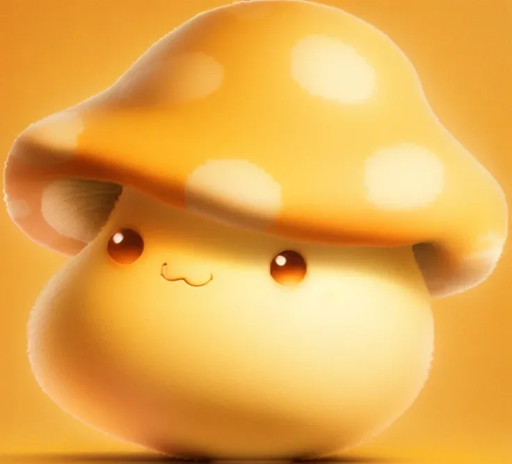 A photorealistic Mushroom character, orange cap, yellow polka dots, cream colored body, cute, fluffy, small eyes and mouth attached to the body