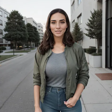 Extremely busty thin and toned brunette photographer, college girl, fair skin, loose ponytail, soft face, athletic, bandana babushka headwrap, tight olive green casual windbreaker, skinny jeans. standing in front of her apartment building, outdoors, city, ...