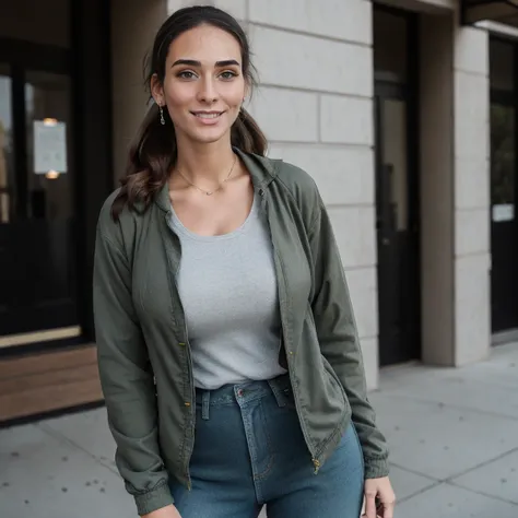 Extremely busty thin and toned brunette photographer, college girl, fair skin, loose ponytail, soft face, athletic, bandana babushka headwrap, tight olive green casual windbreaker, skinny jeans. standing in front of her apartment building, outdoors, city, ...