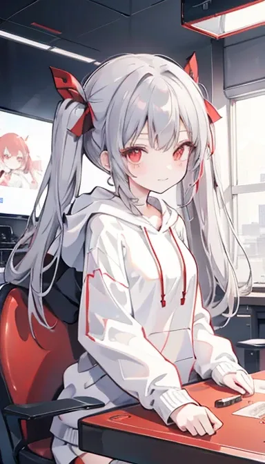 One girl, Red eyes, Twin tails, Grin, Small breasts, Gray Hair, Red ribbon, Hoodie with hood, Game room