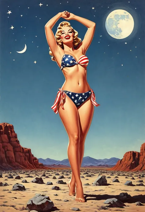 American comic illustration, a pin-up girl, (stars and stripes bikini, topless nipples), raising fist, standing on moon field