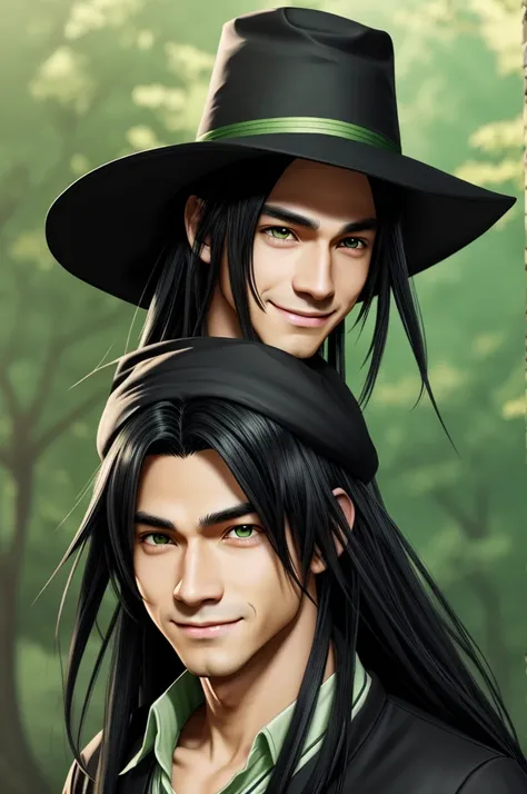 Create an anime-style wizard, this one must have light skin, long black hair, green eyes and a long hat.
Draw him as if he were an anime protagonist looking straight ahead and smiling.