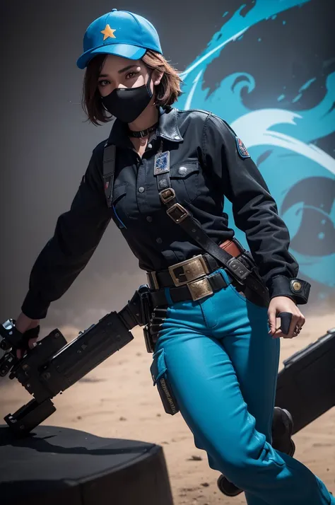 I want a character based on the game free fire with a front cap written with clown paint on the face and a black mask and a robot blouse with blue effects pants with a black and blue belt black sneakers with blue details