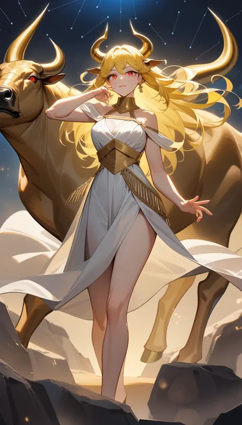 （Huang Li、high quality、Extremely detailed），Constellation Taurus Goddess，Giant golden bull，Woman stroking Taurus，Similar to Latin goodness，brave，capricious，Productivity，The face of enterprising and humanitarianism，Long yellow hair，Ancient Greek costumes、Wra...