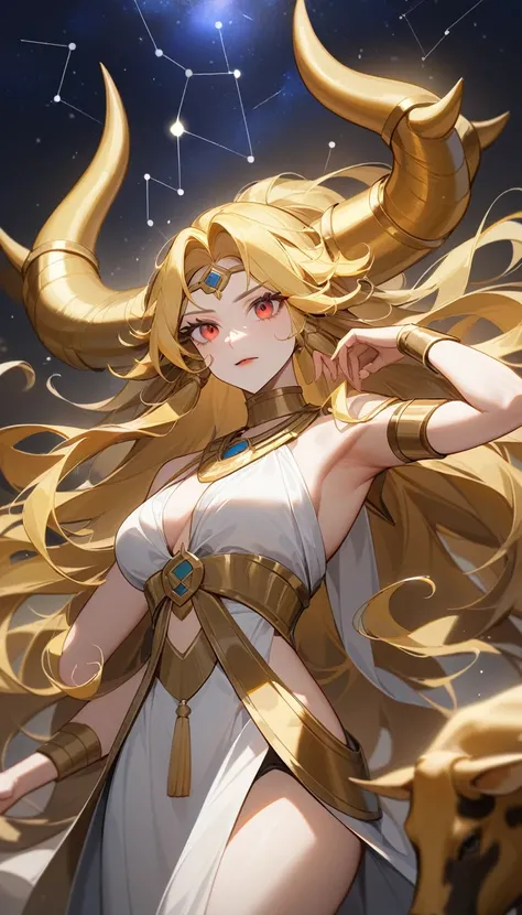 （Huang Li、high quality、Extremely detailed），Constellation Taurus Goddess，Giant golden bull，Woman stroking Taurus，Similar to Latin goodness，brave，capricious，Productivity，The face of enterprising and humanitarianism，Long yellow hair，Ancient Greek costumes、Wra...