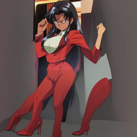 90s anime Evil black skinned business woman in a red suit and long red skirt and red heels and long red sleeves 