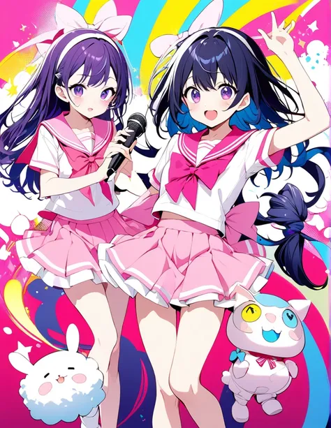 cute, Ultra-small deformation, High contrast fluffy characters, Vibrant colors, High contrast and vivid spray work, High contrast to emphasize soft images, Pop background in pastel colors, Characters that captivate the audience 推しの子、hoshino ai、idol、dance、S...