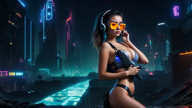 dark futuristic landscape, at night, neon lights, Atmospheric fog, large buildings in the background, futuristic city, streets with open shops, skyscraper (postapocalyptic city:1.3). (((1girl, solo, alone))), large-breast:1.2 slim body, cleavage:1.1, sexy ...