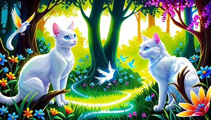 Milk, the white cat with blue eyes, meeting a magical, glowing bird in a mystical forest clearing. The bird is radiant with vibrant colors and emits a soft light. The clearing is surrounded by lush greenery and sparkling flowers. The scene is enchanting an...