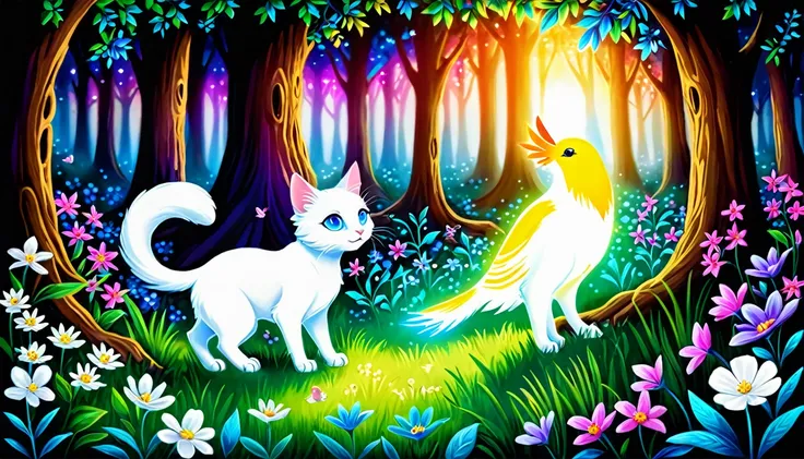 Milk, the white cat with blue eyes, meeting a magical, glowing bird in a mystical forest clearing. The bird is radiant with vibrant colors and emits a soft light. The clearing is surrounded by lush greenery and sparkling flowers. The scene is enchanting an...