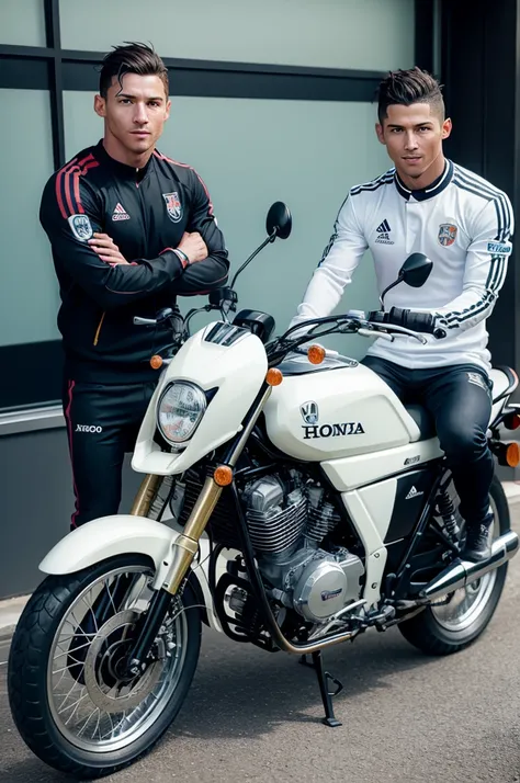 Messi and Cristiano Ronaldo on a Honda 160 motorbike, both together on the same motorbike