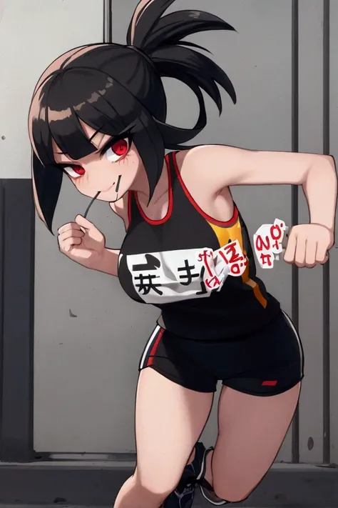 Girl, black hair, bob, red eyes, marathon runner, black tank top with red lines, black shorts with red lines, marathon shoes , white race bib, close eyes, smile, mouth open, rising both hands, running, goal in