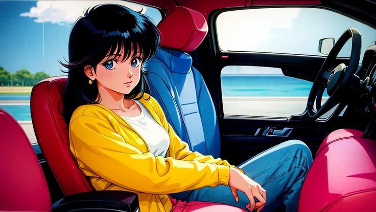 One Woman、sitting in the passenger seat of a car、８０Retro anime style of the 1980s、Vivid colors、Image of a woman from inside a car、Looking forward、
