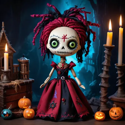 (knitted toy voodoo doll:1.5), (Voodoo Cursed Sorceress:1.3), (Clothing: tattered, enchanted dress with dark symbols:1.0), (Accessories: enchanted crystal ball emitting a ghostly glow, floating spectral spirits:1.1), (background: dark, haunted castle with ...