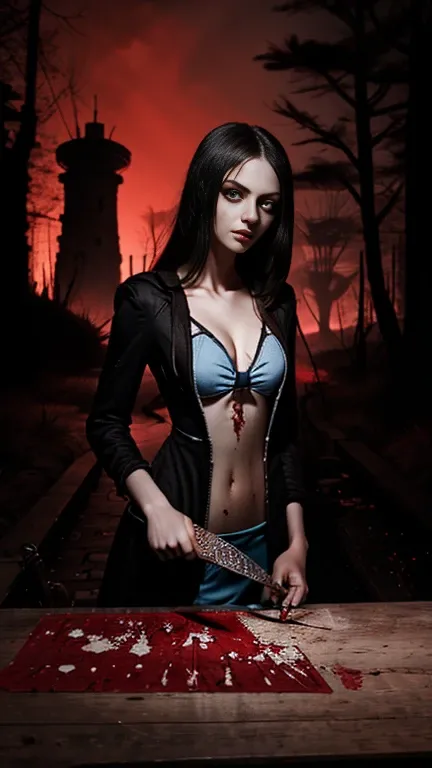 teenager with big breasts without , alice madness returns, at night, with a knife in his hand, blood stained suit, showing breasts