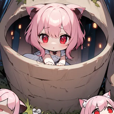 Top quality, masterpiece, chibi character, pink hair, girl with animal ears, red eyes, long white dress, spooky forest, face peeking out of the well, dark night