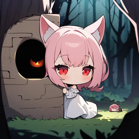 Top quality, masterpiece, chibi character, pink hair, girl with animal ears, red eyes, long white dress, spooky forest, face peeking out of the well, dark night