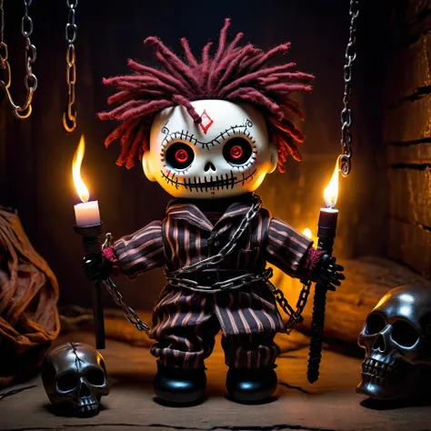 (knitted toy voodoo doll:1.5), (Voodoo Prisoner of Darkness:1.3), (Clothing: tattered prisoner’s uniform with eerie patterns:1.0), (Accessories: enchanted chains emitting a ghostly glow, floating spectral guards:1.1), (background: dark, desolate dungeon wi...