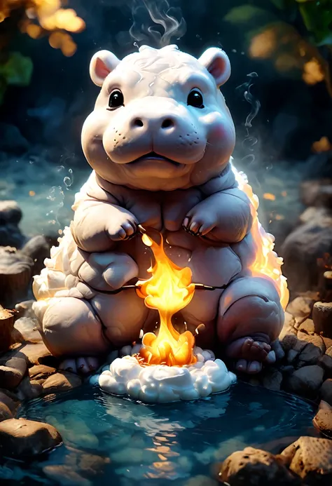 Photorealistic image of a Marshmallowhippo: Hippo made of marshmallow, toasting itself at the edges in a hot spring