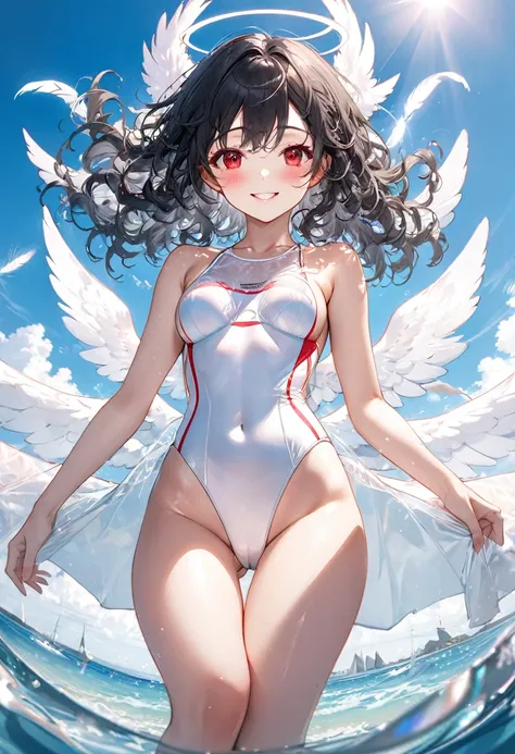 (full body, pov angel swimsuit style), (solo:2, 15 yo, curly:1.3 black hair long hair lovely girl, sexy red eyes, love smile, medium tits), (in a white Wavy leotard swimsuit, double exposure White Feather), break, in the Swimsuit contest venue, background ...