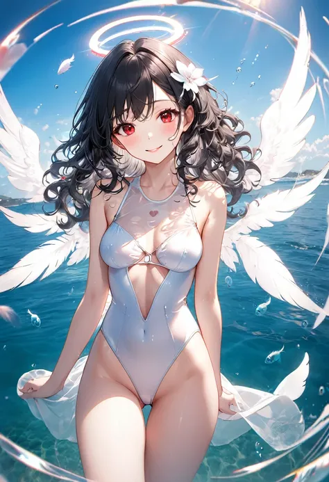 (full body, pov angel swimsuit style), (solo:2, 15 yo, curly:1.3 black hair long hair lovely girl, sexy red eyes, love smile, medium tits), (in a white Wavy leotard swimsuit, double exposure White Feather), break, in the Swimsuit contest venue, background ...