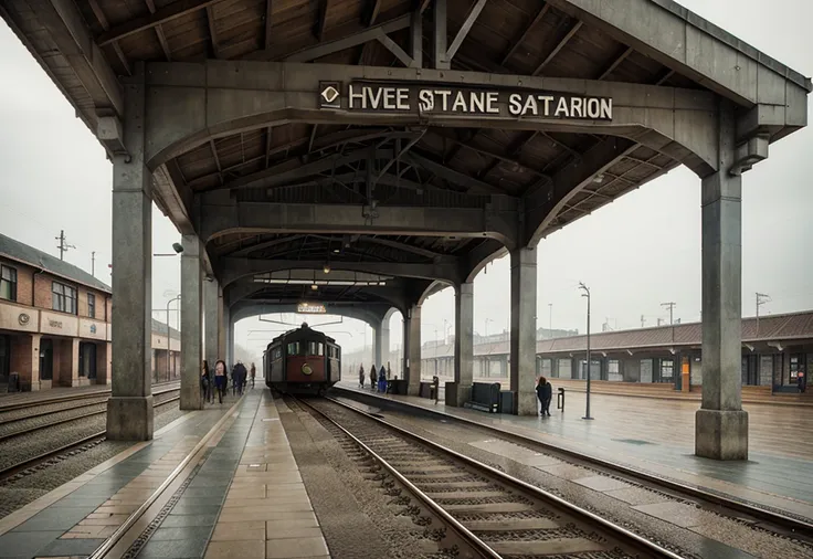 Large railway station designed by John Kenn Mortensen, colored, detailed