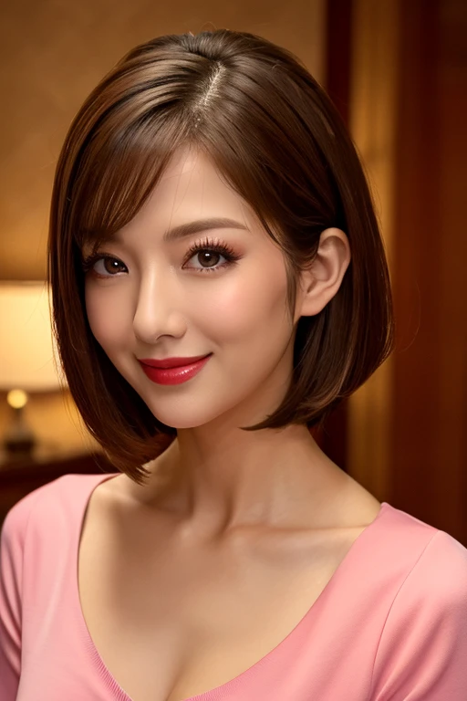 Highest quality. Tabletop, 8k, Best image quality, One Woman, Perfect V-neck long knit red sweater, Waist to upper body shot, (look forward to), Red eyeshadow, Perfect Makeup, Long eyelashes, Ultra HD Shining Eyes, Ultra HD Hair, Ultra-high resolution glos...