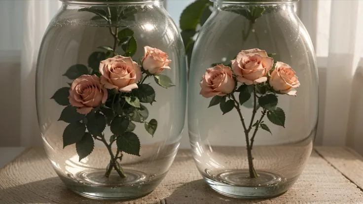 a beautiful detailed 2 roses in a transparent glass pot filled with water, empty space inside,vintage 70s style,natural lighting,minimalistic composition,elegant,photorealistic,highly detailed,8k,cinematic lighting,soft pastel colors,film grain,depth of fi...