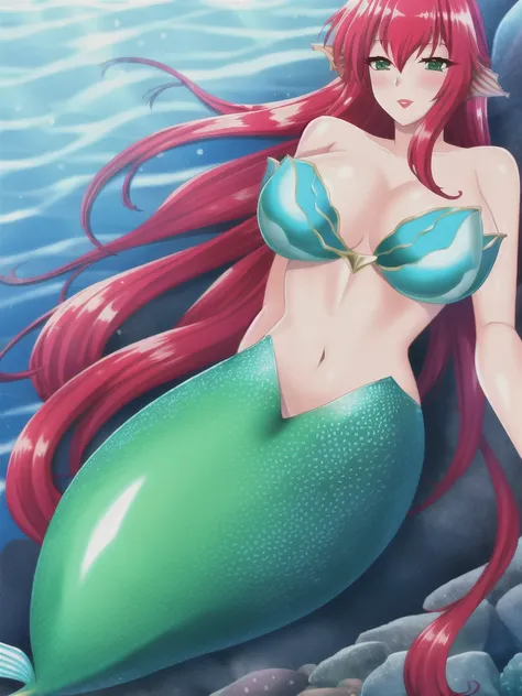 solo, 1mermaid, the mermaid swim underwater sea , red lips, red hair, mermaid tail below waistline, eel mermaid tail,