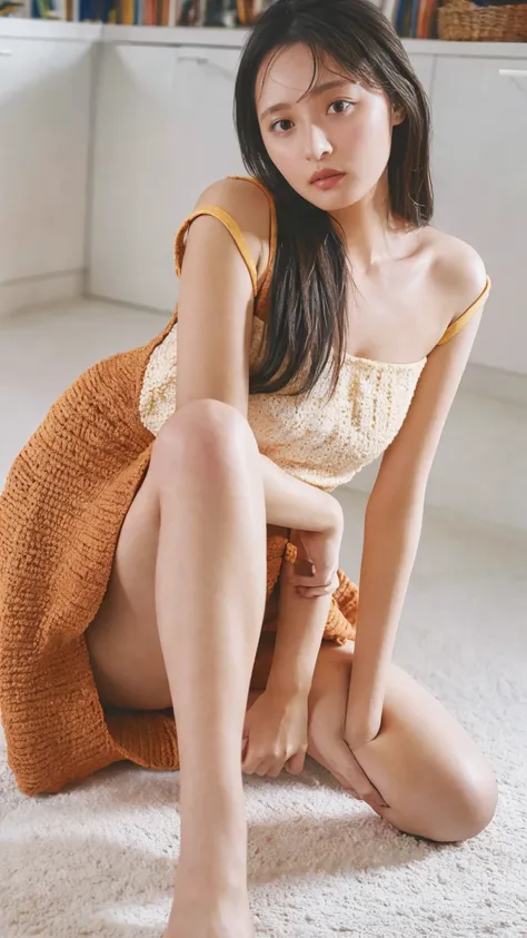 (((Highest quality,Very detailed,masterpiece,Very detailed))) ,(((Please bend your knees))),loose breast,See through,camisole,one piece,barefoot,One Girl,Realistic,Lying down,Bedroom、Looks sleepy