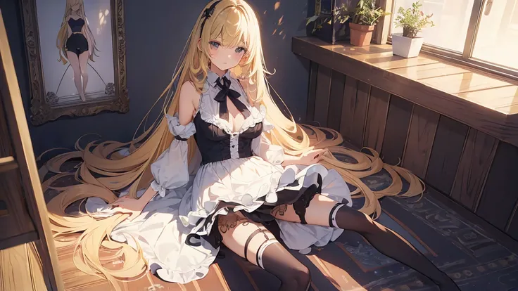 best quality，Super detailed，Perfect limbs，floor、mini skirt，Swimsuit，Bright，one person，blond，Sexy、Deep sleep、long hair、Stockings，Clothes with intricate details