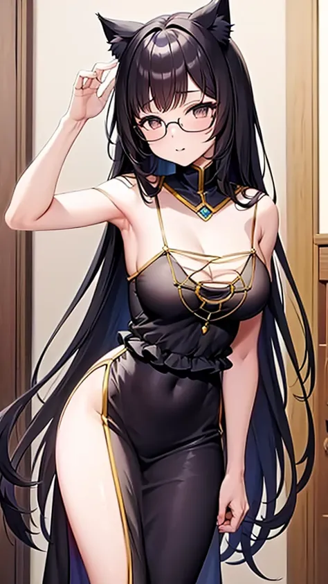 (masterpiece), (best quality), cat girl in her 20s, long hair, black hair, chest, gray eyes, cat ears and cat tail, round glasse...