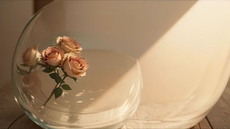 a beautiful detailed 2 roses in a transparent glass pot filled with water, empty space inside,vintage 70s style,natural lighting,minimalistic composition,elegant,photorealistic,highly detailed,8k,cinematic lighting,soft pastel colors,film grain,depth of fi...