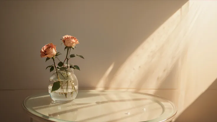 a beautiful detailed 2 roses in a transparent glass pot filled with water, empty space inside,vintage 70s style,natural lighting,minimalistic composition,elegant,photorealistic,highly detailed,8k,cinematic lighting,soft pastel colors,film grain,depth of fi...