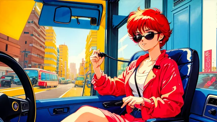 create an anime-style image of a woman driving a car in an 80s city pop fashion. the woman is seated in the driver's seat, looki...