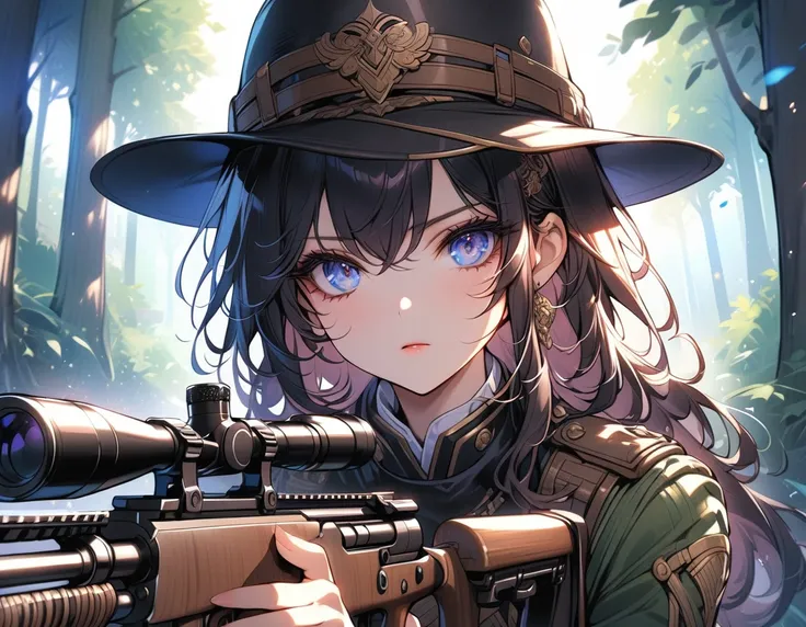 A female sniper, Intricate details, Highly detailed military uniform, Delicate face, beautiful eyes, Long eyelashes, Determine the expression, Holding, In a forest environment, Sunlight through the trees, light, Vibrant colors, Drama, masterpiece,aim