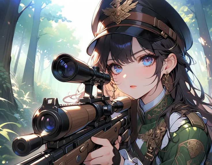 A female sniper, Intricate details, Highly detailed military uniform, Delicate face, beautiful eyes, Long eyelashes, Determine the expression, Holding, In a forest environment, Sunlight through the trees, light, Vibrant colors, Drama, masterpiece,aim