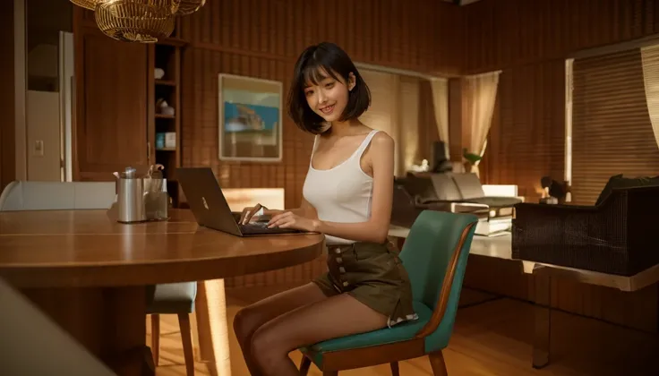 masterpiece, realistic, photorealistic, best quality, beautiful detailed, natural lighting, sharp focus, depth of field, A beautiful 20-year-old Japanese woman with a short haircut, wearing a white tank top and white cargo shorts, is sitting on a dining ta...