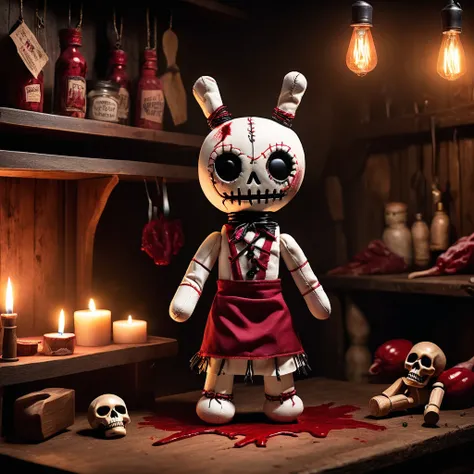 (knitted toy voodoo doll:1.5), (Voodoo Butcher of Darkness:1.3), (Clothing: blood-stained apron with dark symbols:1.0), (Accessories: enchanted cleaver emitting a ghostly glow, floating spectral carcasses:1.1), (background: dark, abandoned butcher shop wit...