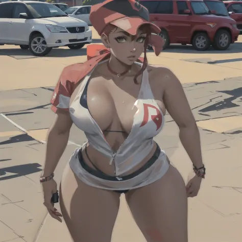 a woman in a swimsuit and a red hat is standing in a parking lot, gta v street style, gta character, gta character v, style of gta v, ariana grande in gta v, realistic bikini, GTA5 style, gta 5 skin tone, like a GTAV character, is wearing a swimsuit, very ...