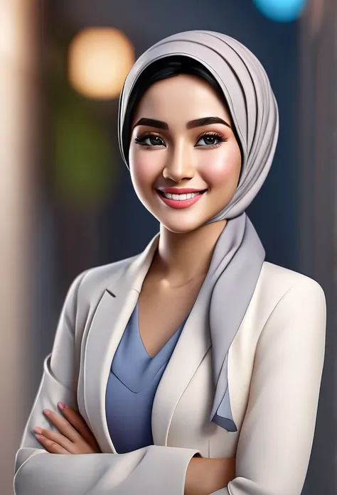 Create cartoonish caricature 3D animation with a big head. a 19 year old Indonesian woman. She wearing hijab and muslimah clothes. Her face is oval-shaped with smooth lines, thick and neat black eyebrows, normal eyes, a small pointed nose, and thin lips wi...