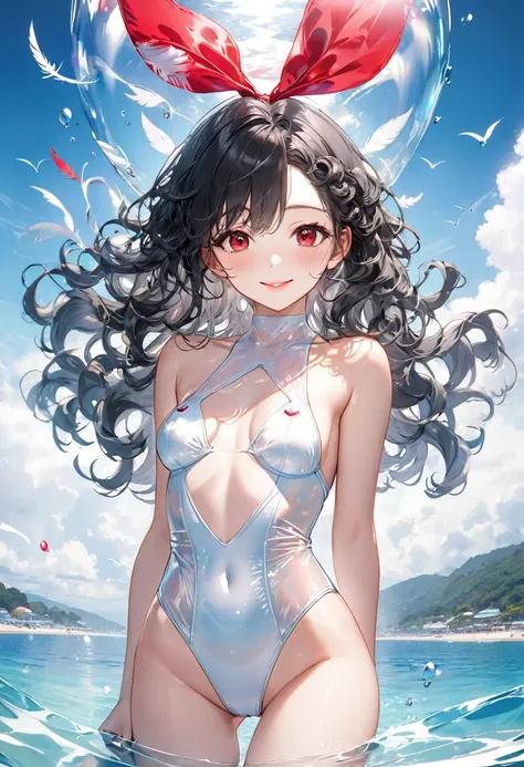 (full body, pov angel swimsuit style), (solo:2, 15 yo, curly:1.3 black hair long hair lovely girl, sexy red eyes, love smile, medium:1.1 tits, glossy lip), (in a white Wavy leotard swimsuit, double exposure White Feather), break, in the Swimsuit contest ve...