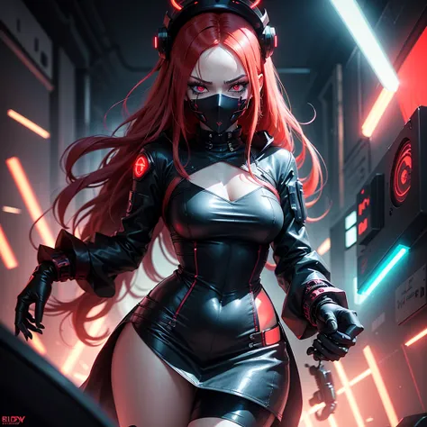 Girl Android demonic gloomy with long red hair she has a playful look she has a mask on her face a woman with sexy hips half cyborg modification Beautiful fur blue eyes stands in full height Anime Style black background Cyberpunk style, black background im...