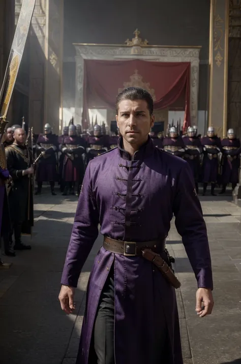 ((Best quality, 8k, Masterpiece :1.3)), Sharp focus :1.2, dynamic light, an imperial emperor standing in front of a powerful army in the background, epic scene, wide perspective, medieval period, luxury, powerful empire, purple outfit, core color is red, b...