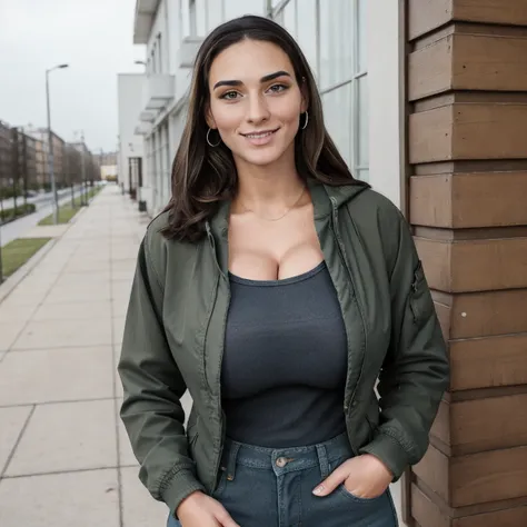 Extremely busty thin and toned brunette photographer, college girl, fair skin, loose ponytail, soft face, athletic, bandana babushka headwrap, tight olive green casual windbreaker, skinny jeans. standing in front of her apartment building, outdoors, city, ...