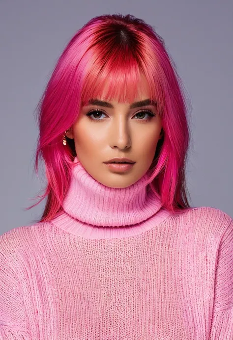 fitaitana pink hair, 1girl, wearing a turtleneck sweater,, professional, photography, excellent lighting, impeccable, precision, rich colors, deep shadows, clarity, high-resolution, razor-sharp, composition, light and shadow, timeless beauty, captivated, a...